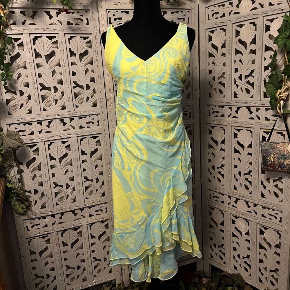 Silk Dress with Yellow and Blue Swirls